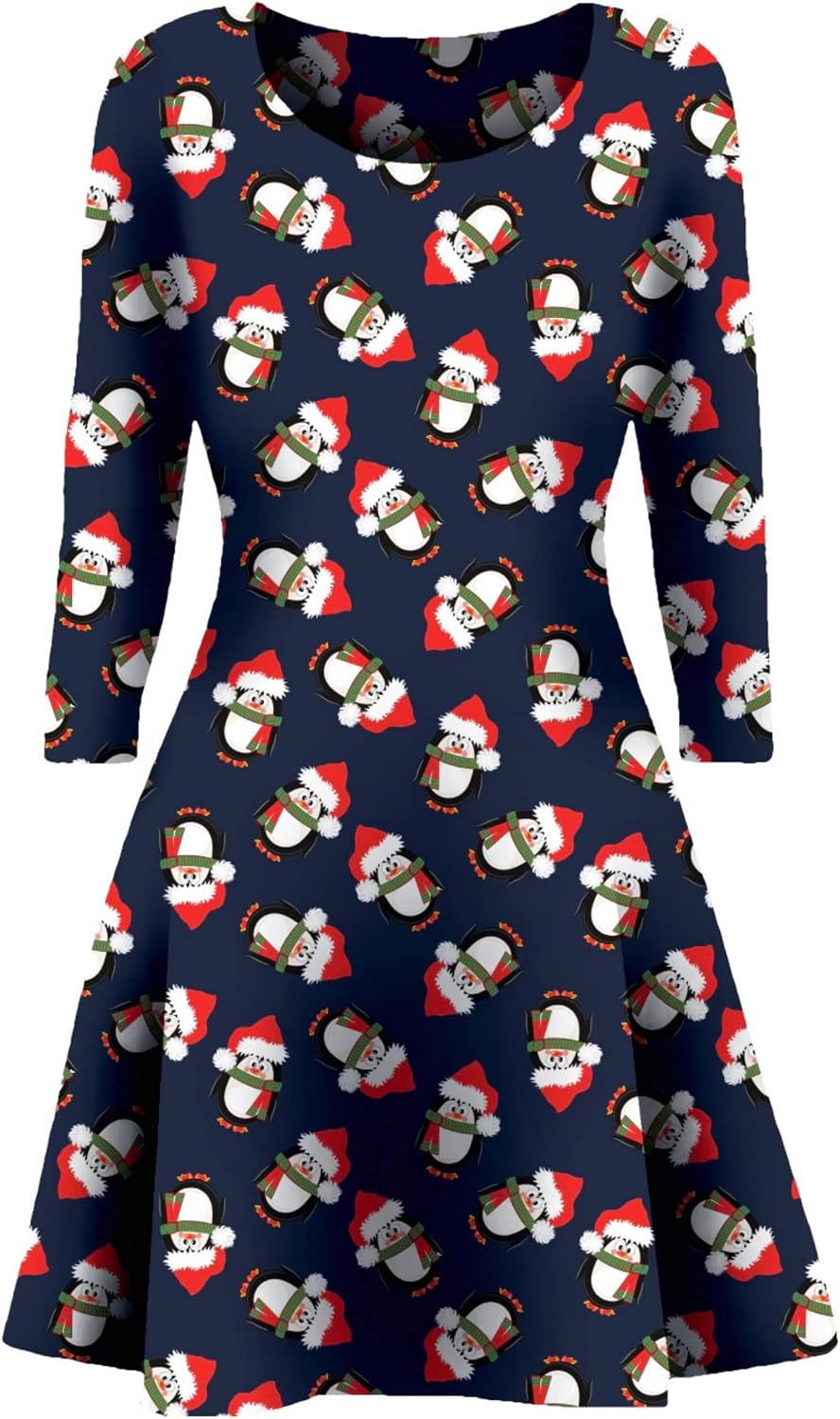 Womens Christmas Party Dress Snowman Swing Dress Novelty Printed Skater Xmas Dress Secret Santa Gift US Size 4-22