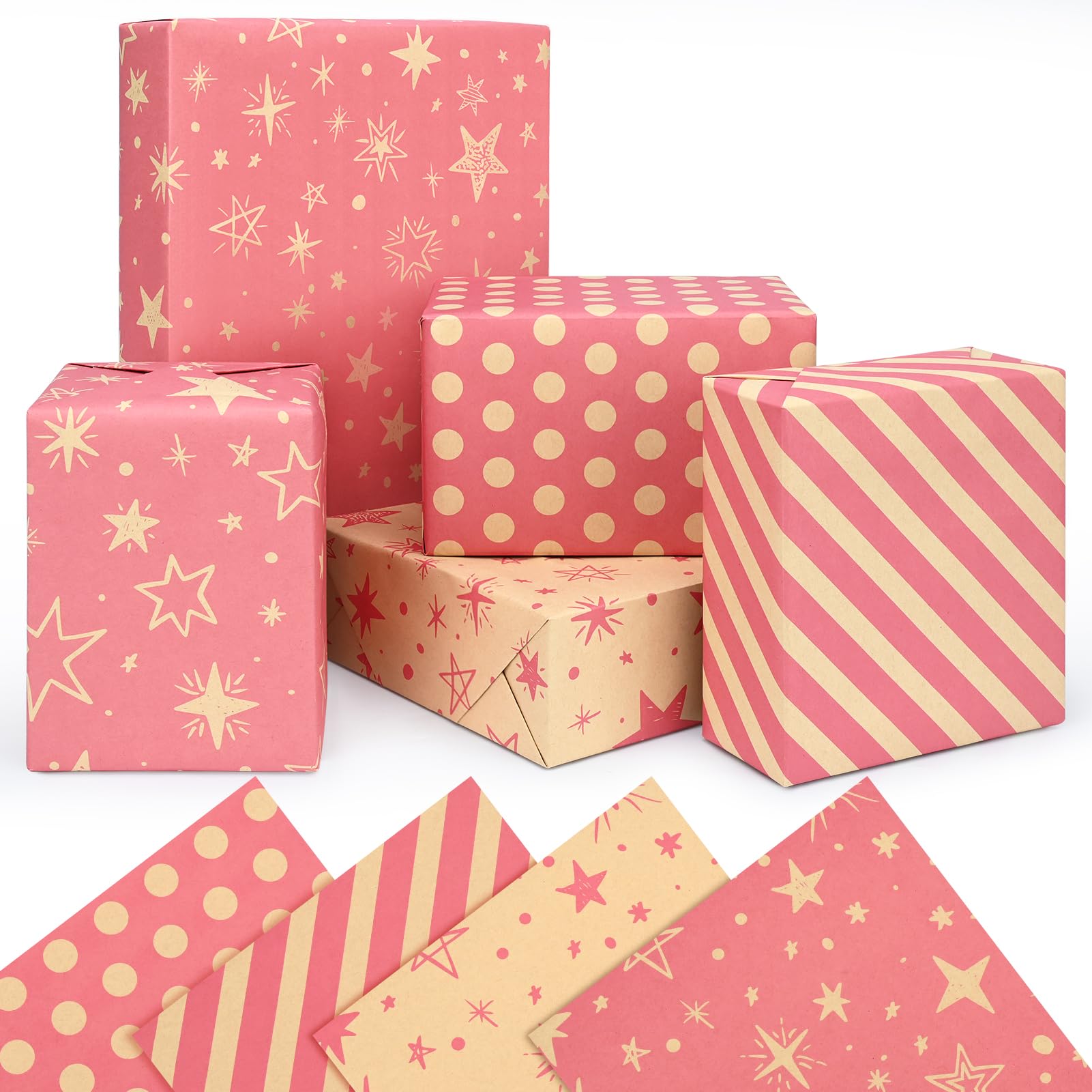 8 Sheets Girls Wrapping Paper,Birthday Gift Wrapping Paper Set, Pink Star Kraft Paper for Woman Men Wedding Anniversary Party Decorations,70x50CM Premium Eco Recyclable Gift Wrap Sheets