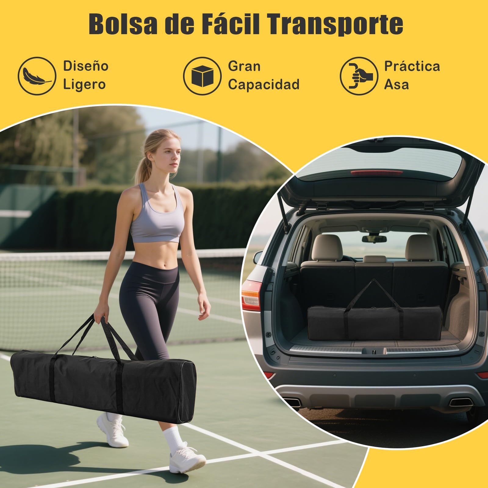 GYMAX Red de Pickleball Portátil 6,75 M, Red de Pickleball Regulatorio con Bolsa de Transporte, Sistema de Red de Pickleball con Red PE sin Nudos de 18 Hilos, Base Metálica para Exterior