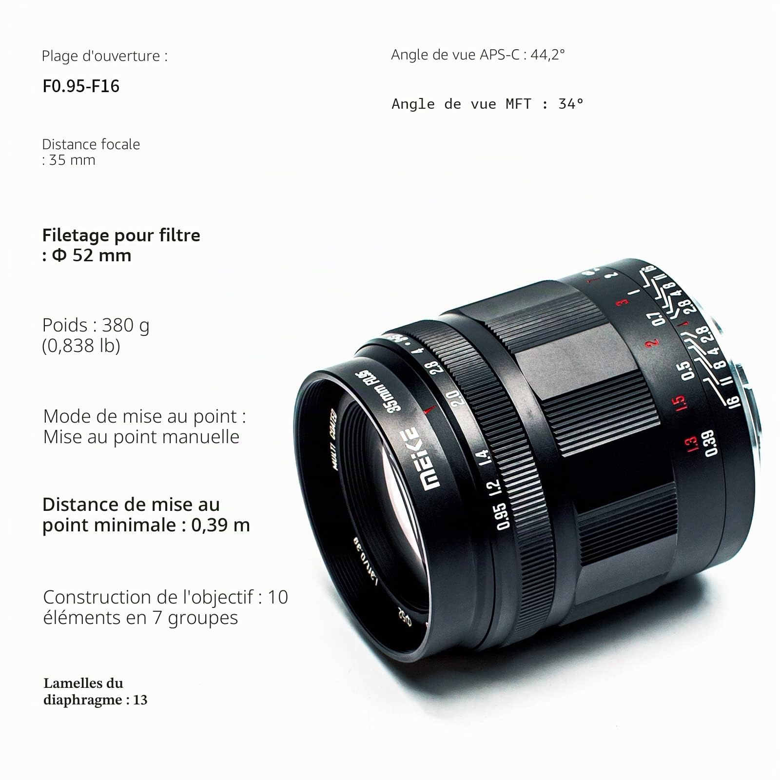 Meike Objectif Fixe 35 mm f0.95 Grande Ouverture Mise au Point Manuelle Prime APS-C Compatible avec Les appareils Photo sans Miroir Sony E-Mount NEX 3 3N NEX 5R A5000 A5100 A6100 A6300 A6500