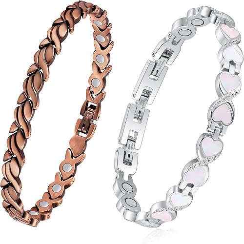 Feraco 2 pulseras de cobre y pulseras magnéticas para mujer con 3500 imanes de terapia Gauss, pulsera magnética de acero de titanio con fritillaria