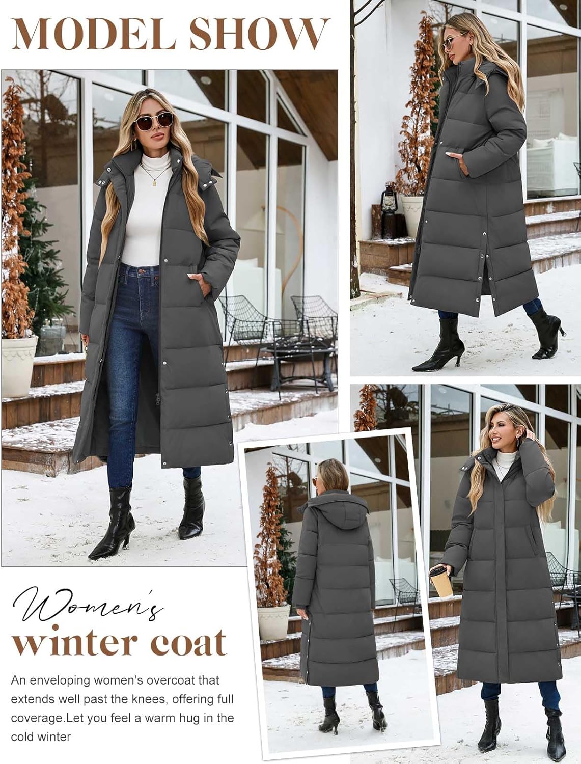 Women Long Puffer Coat Maxi Thickened Quilted Padded Jacket Winter Warm Zip Parka Removable Hood Buttoned Slit Hem - Image 6