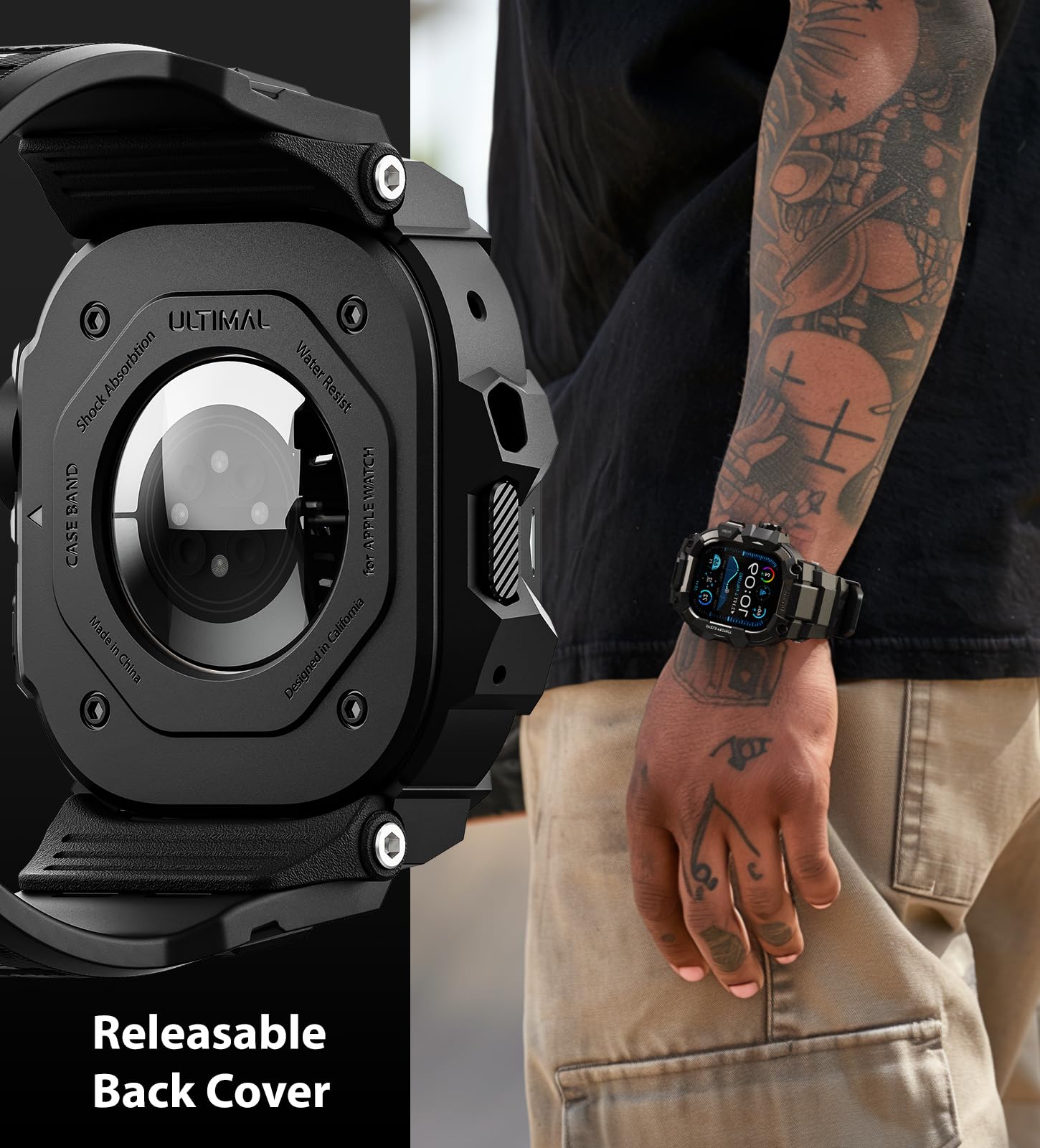 ULTIMAL Etui z paskiem i folią pancerną do Apple Watch 49 mm, 3 w 1, sportowy pasek do Apple Watch Ultra/Ultra 2, certyfikat wojskowy, odporny na uderzenia pokrowiec ochronny do iWatch