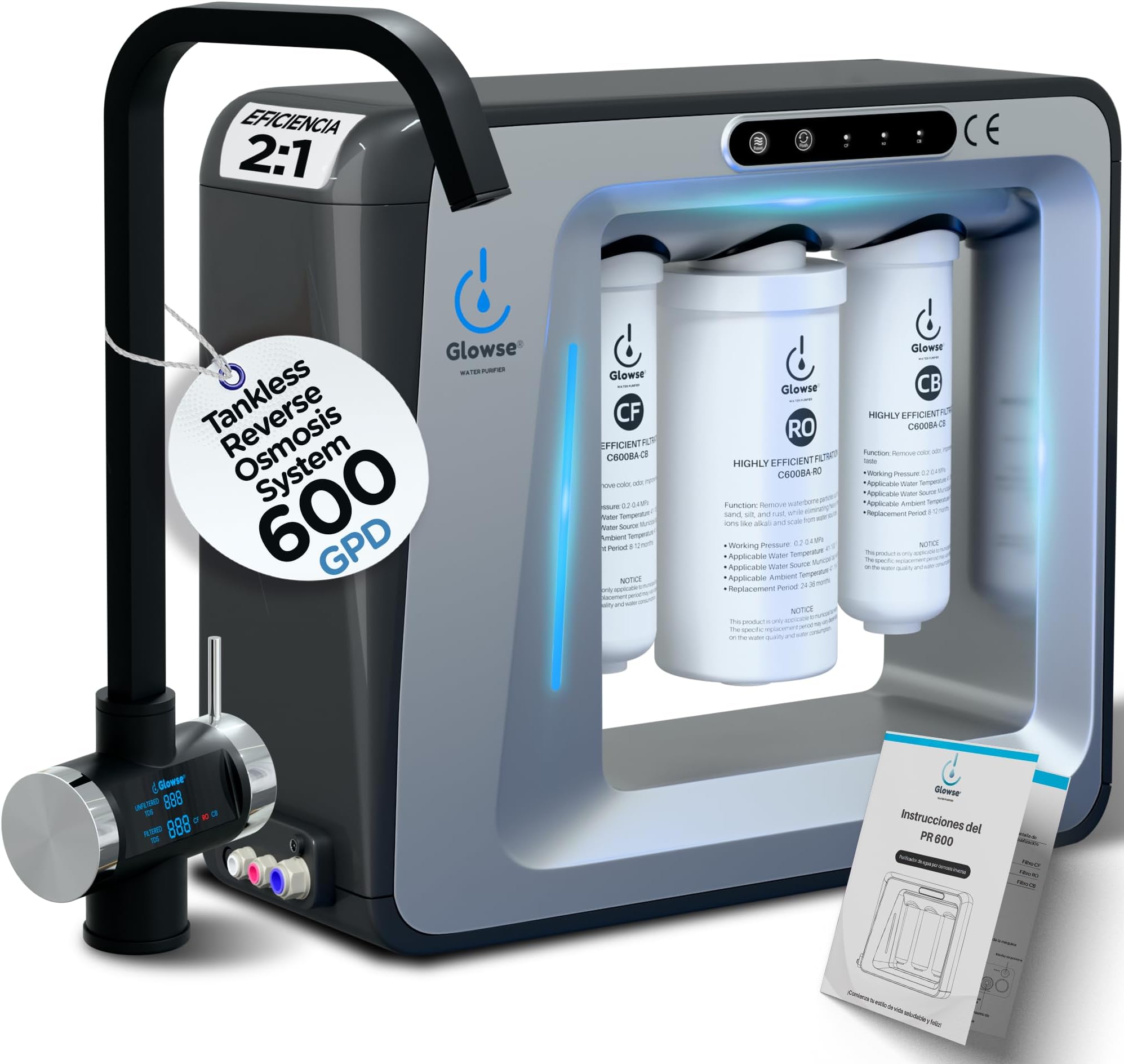 PR600 Reverse Osmosis 7 Steps Compact Tankless with Digital Tap TDS Filtration High Precision Eco Friendly Pure Water for Kitchen Home Easy Installation