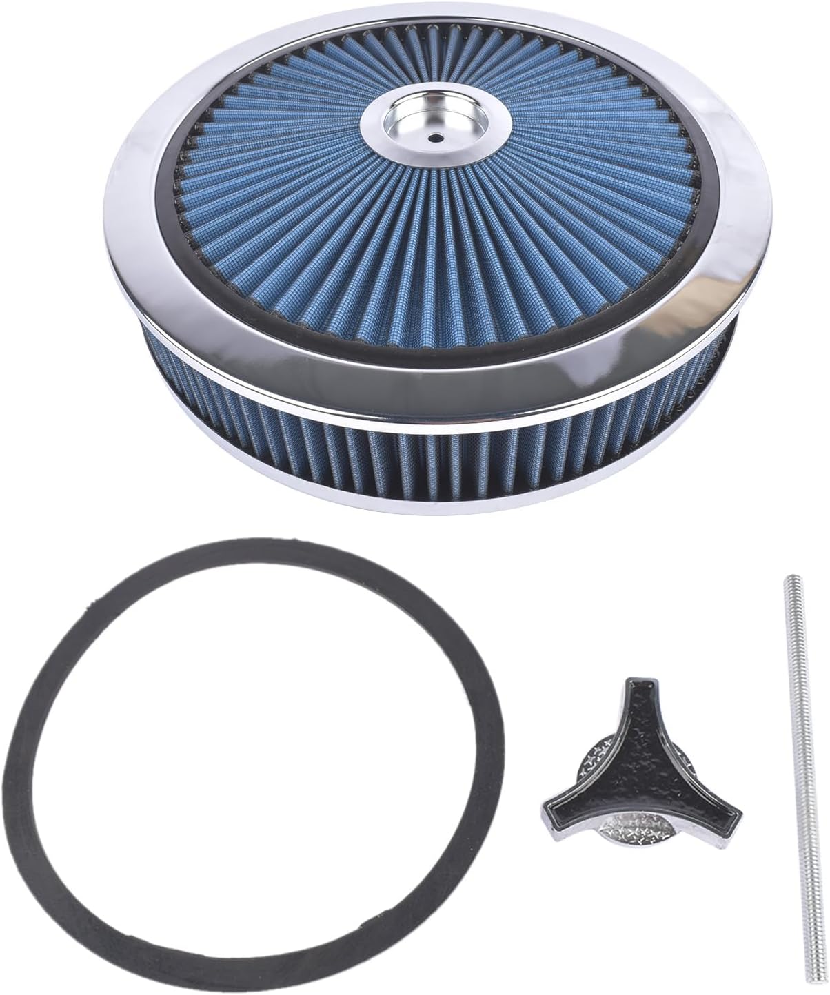 14" x 3" Air Cleaner Set Super Flow Washable Element with Chrome Lid Recessed Base Replacement for Carburetor with 5 1/8" Neck