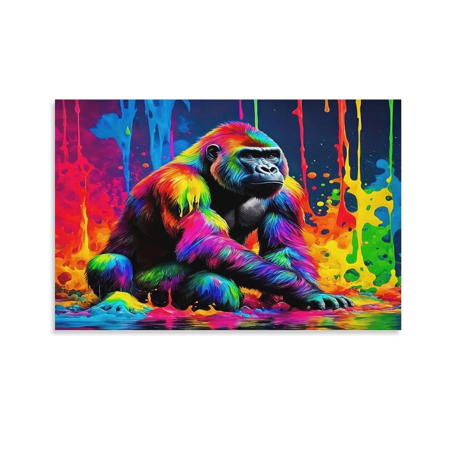 CPLVKWRQJ Silhouette of Gorilla And Cub at Sunset 1 Piece Rainbow Painted Gorilla with Dripping Paint Wall Artwork - Bedroom Canvas Painting Space Transformer Easy to Clean Decor 20x30inch(50x75cm)