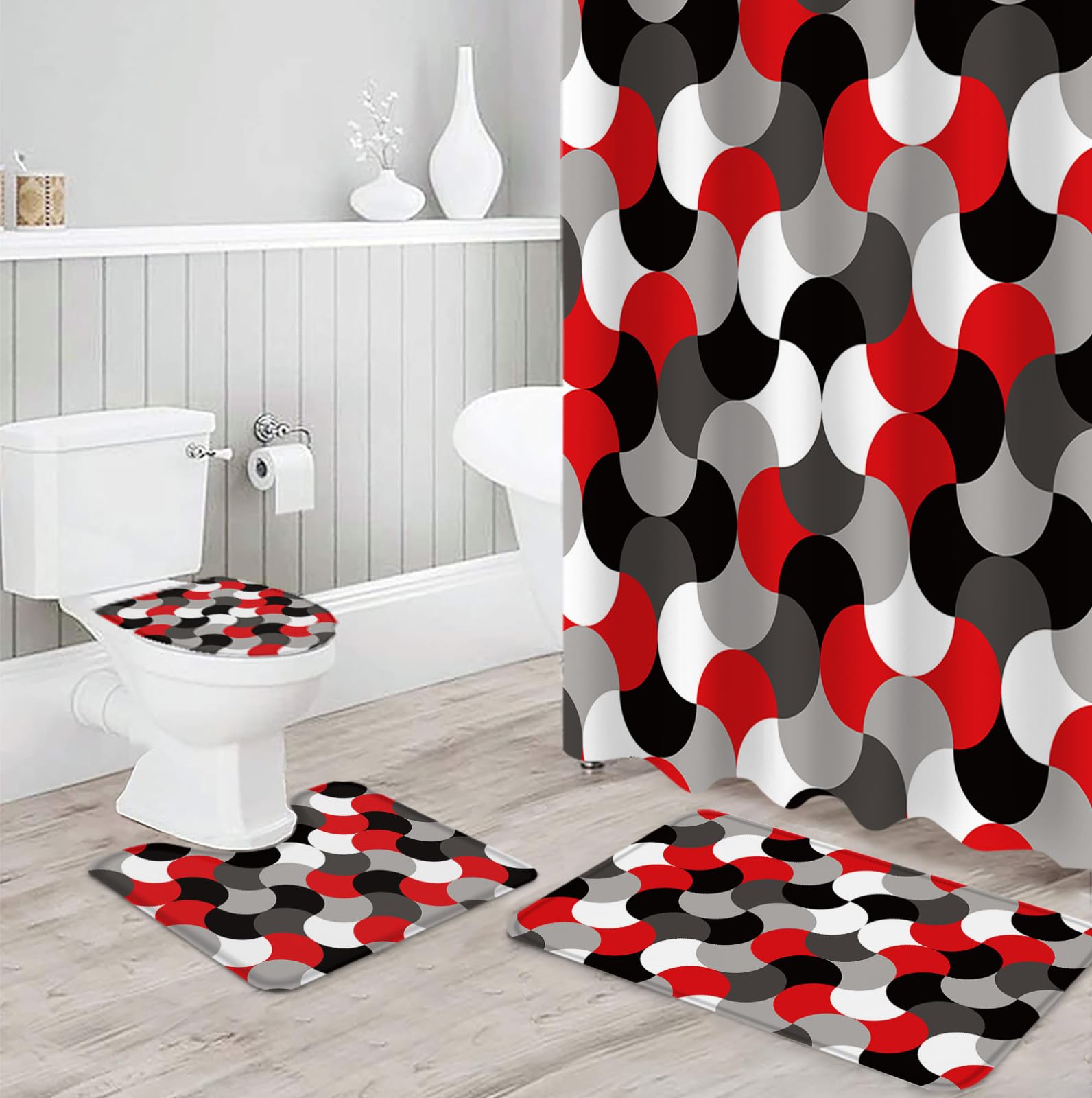 Set di 4 tende da bagno, con motivo geometrico, antiscivolo, per WC, in stile tre