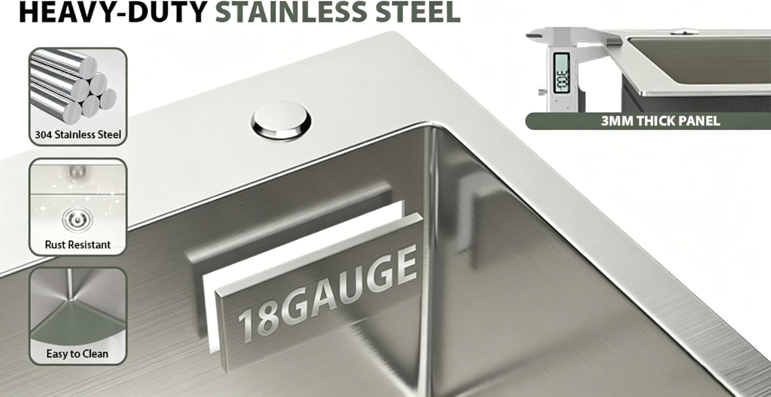 Mocoloo 22 Inch Drop in Bar Sink - 22" x 18" Small Kitchen Sink T304 Stainless Steel Handmade Single Bowl Round Corner Topmount Wet Bar Sink for Kitchen Prep & RV