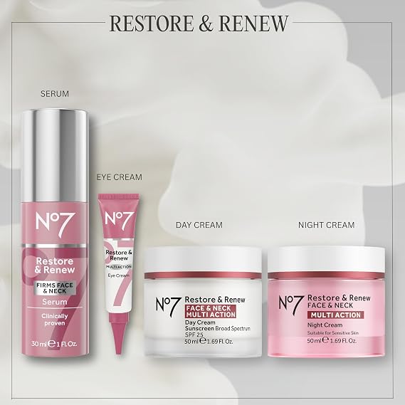 No7 Restore & Renew Multi Action Night Cream for Face & Neck - Nighttime Face Moisturizer with Collagen Peptides - Anti Aging Skin Care for Crepey Skin with Hyaluronic Acid & Ceramides (1.69 Oz)