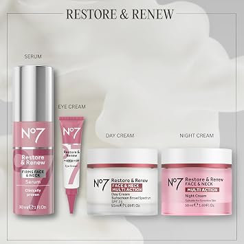 No7 Restore & Renew Multi Action Night Cream for Face & Neck - Nighttime Face Moisturizer with Collagen Peptides - Anti Aging Skin Care for Crepey Skin with Hyaluronic Acid & Ceramides (1.69 Oz)
