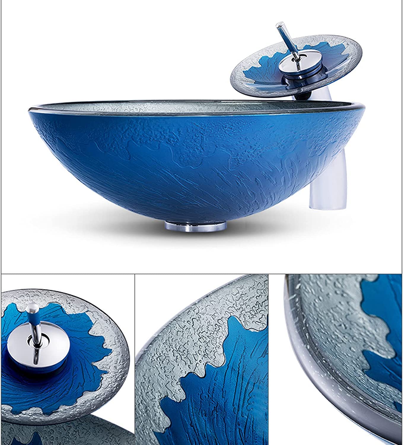 Ceramiczna Umywalka Łazienkowa, Umywalka Nablatowa Ze Szkła Hartowanego, Umywalka Nablatowa O Grubości Ścianek 12 Mm, Kreatywna Umywalka Łazienkowa Z Kranem Wodospadowym I Odp,Blue RoundWashbasin