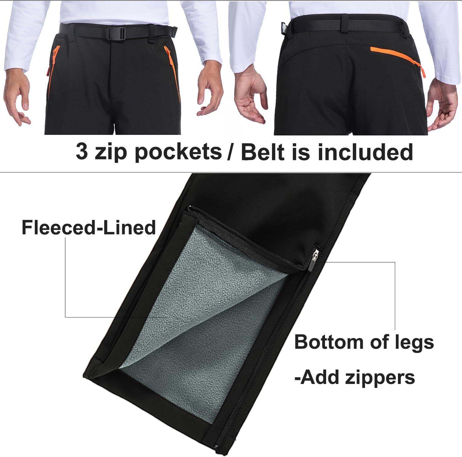 TimGross Men's Snow Ski Hiking Pants Waterproof Winter Fleece Lined Pants Camping Softshell Snowboard Pants Zipper Bottom Leg - Image 5