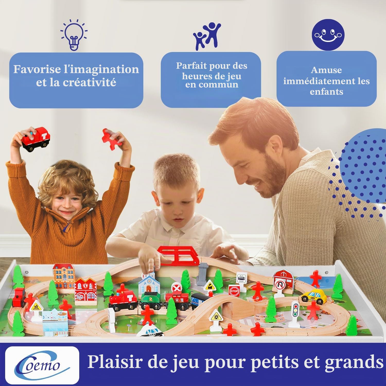 Coemo Table de jeu avec chemin de fer en bois - 91 pièces - Table multifonction pour les enfants - Pour jouer, bricoler, construire et améliorer la motricité - Superbe cadeau