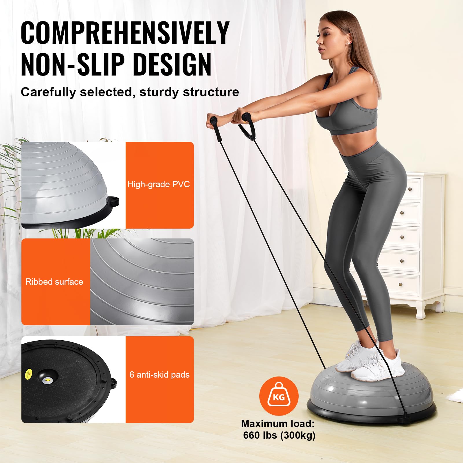 VEVOR Mezza palla da allenamento, per allenamento con palla da 680,4 kg, palla da yoga con fasce di resistenza e pompa a piede, palla fitness per allenamento a casa e palestra per tutto il corpo