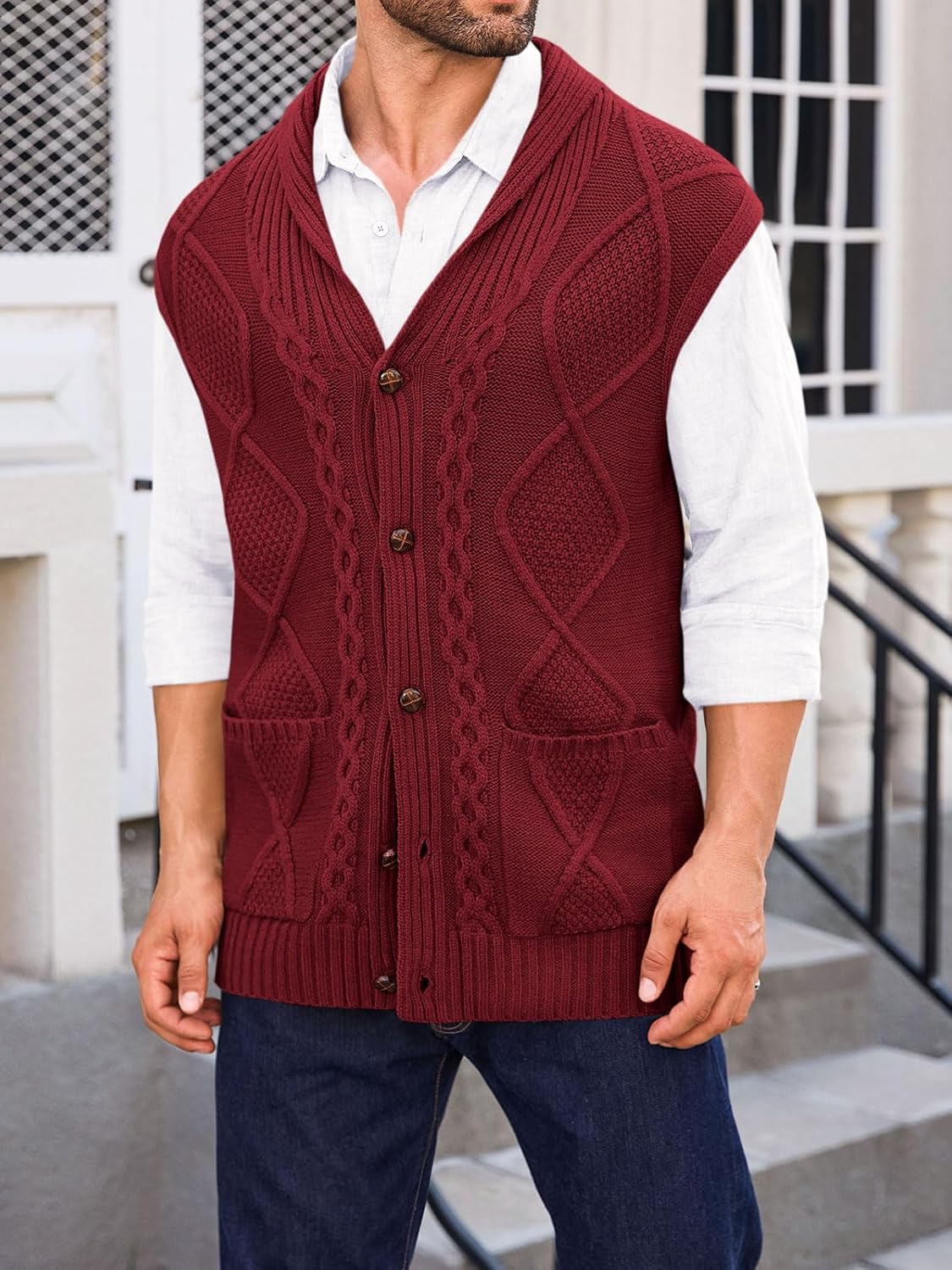Runcati Mens Cable Knit Sweater Vest Shawl Collar Casual Slim Fit Sleeveless Button Down Cardigan Vest with Pockets