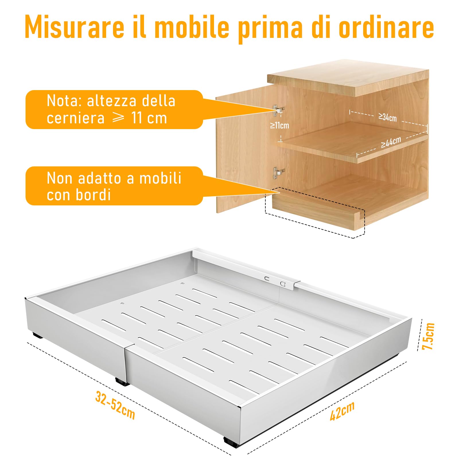 ICARE Cassetto Estraibile Cucina, Larghezza Regolabile 32-52 cm, Acciaio al Carbonio di alta Qualità, Organizer Cucina (Bianco)