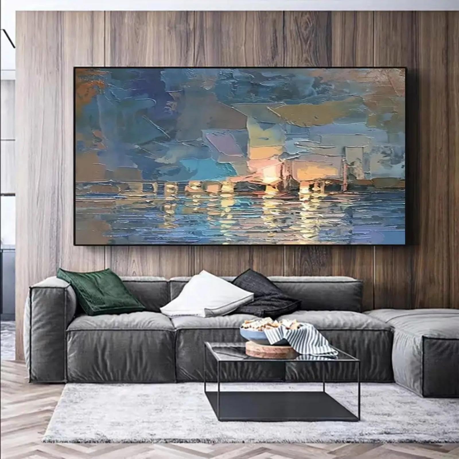 JACBON Large Abstract Sailboat Seascape Oil Painting on Canvas Textured Wall Art Original Blue Ocean Landscape Room Decor Art 20x40cm Frameless