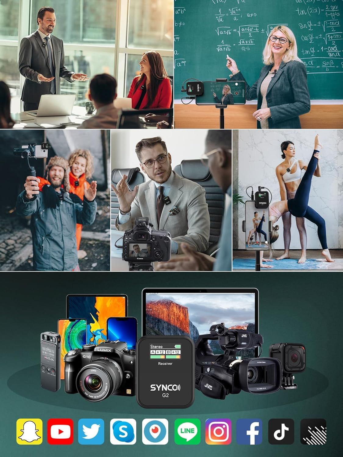 SYNCO G2(A2) Micro Cravate sans Fil, Lavalier Microphone 2.4G 200M 8H Annulation Bruit pour Caméra DSLR Smartphone Tablette PC Youtube Vlogging Streaming