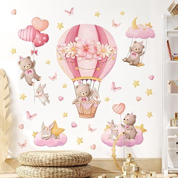 Tanlaby Pink Hot Air Balloon Wall Stickers Cartoon Bear Rabbit Wall Decals