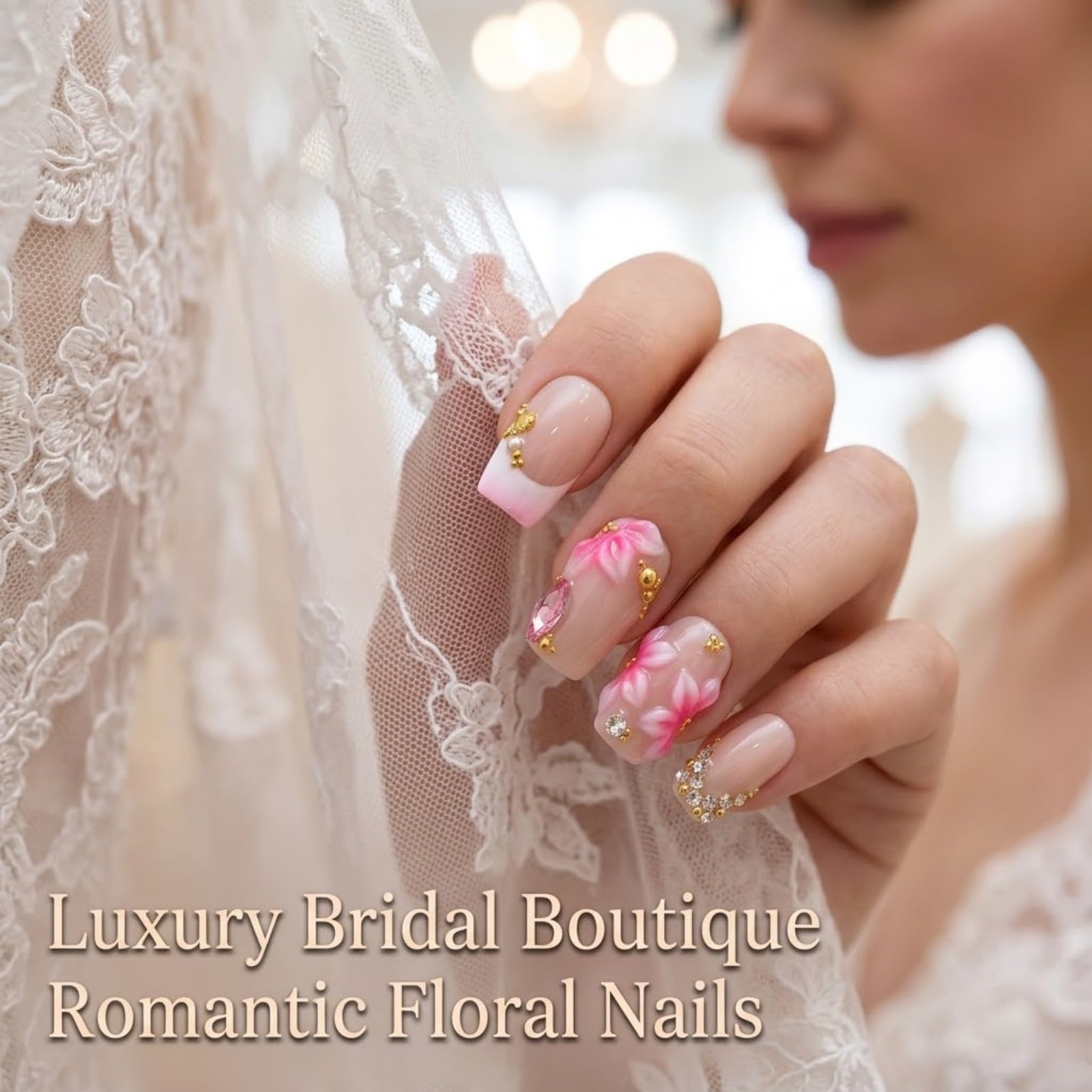 Faux ongles en forme de cercueil faits à la main - Taille moyenne - Pointe française - Acrylique - Fleurs 3D - Design diamant - Luxueux - En relief - Réutilisables - Couverture complète - À coller