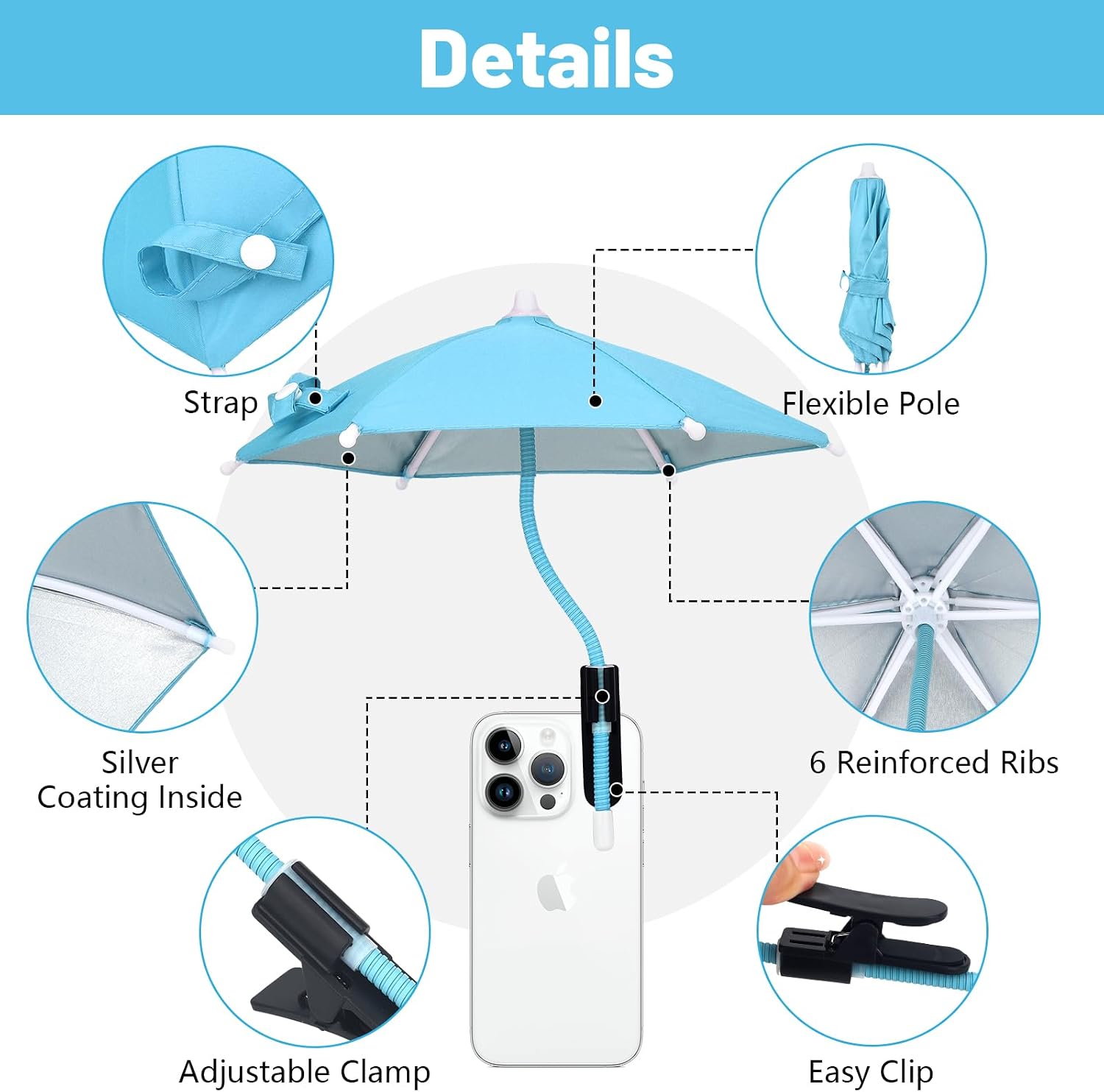 Mini Clip-on Phone Umbrella for Sun Flexible Adjustable Handle, Cell Phone Umbrellas Sun Shade Protects from Sunlight and Glare, Universal Fit for All Smartphones, Blue image 3