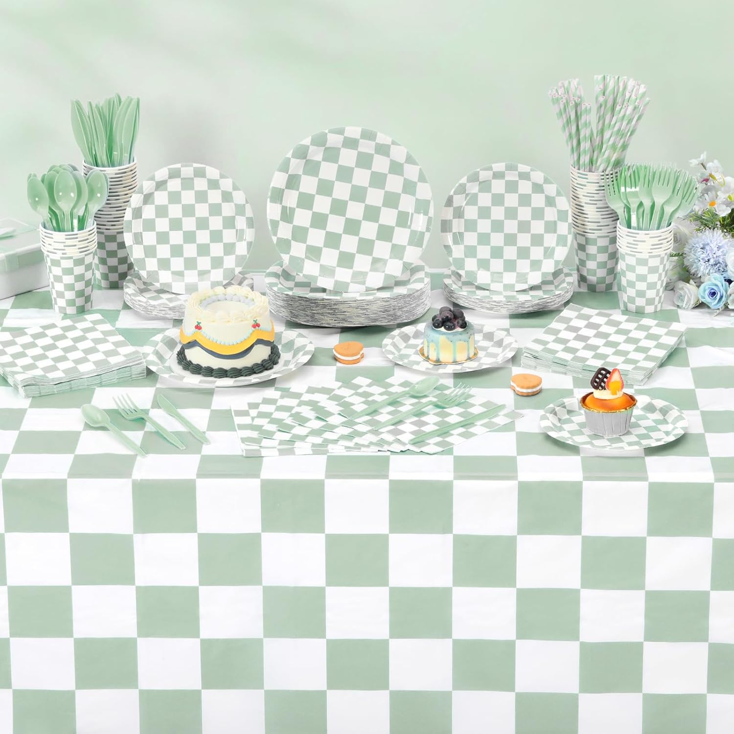 452 Pcs Sage Green Gingham Party Supplies for 50, Light Green and White Checkered Gingham Paper Plates Napkins Cups Tablecloth Cutlery Straw for Picnic Birthday Baby Shower Decoration