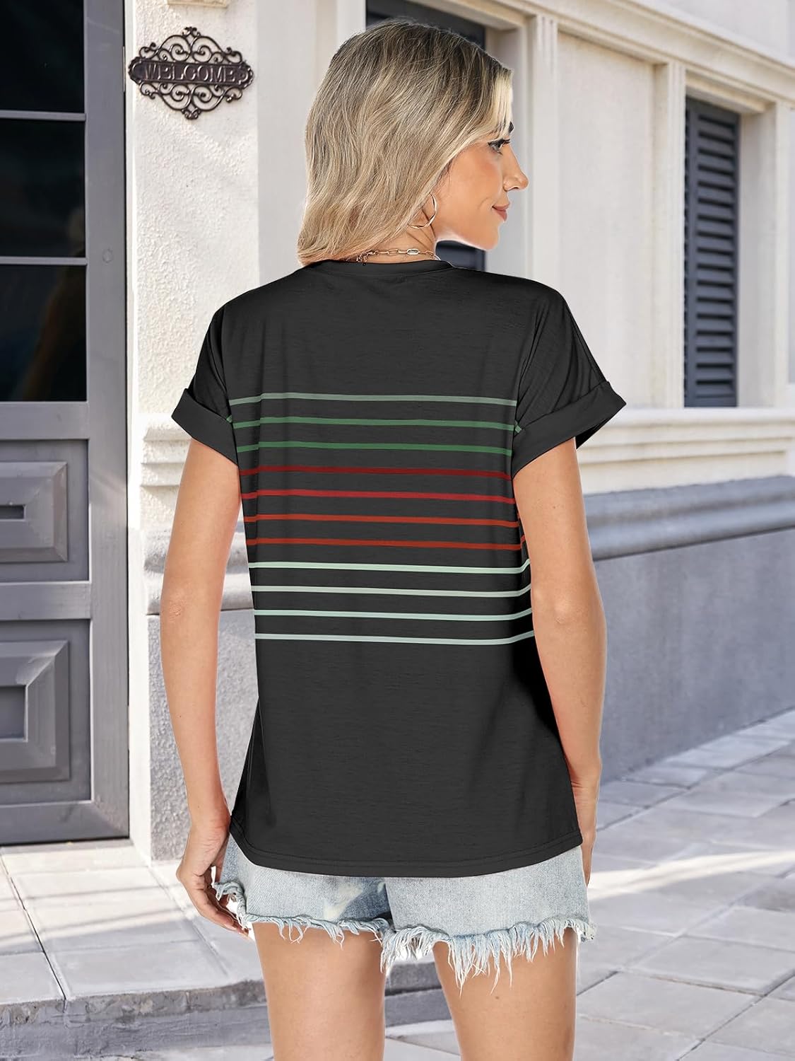 Womens Summer Tops Short Dolman Sleeve Crew Neck Striped Shirts Spring 2026 Fashion Beach Vacation Clothing - Image 2