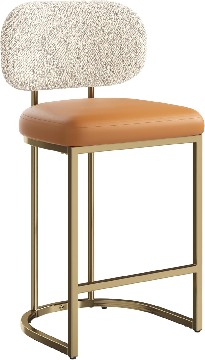 MAISON ARTS 24'' Bar Stools Set of 1, Counter Height Barstools with Backs, Modern Bar Chairs with Gold Metal Legs for Kitchen Island Dining Room, PU Leather Upholstered Stools, Brown