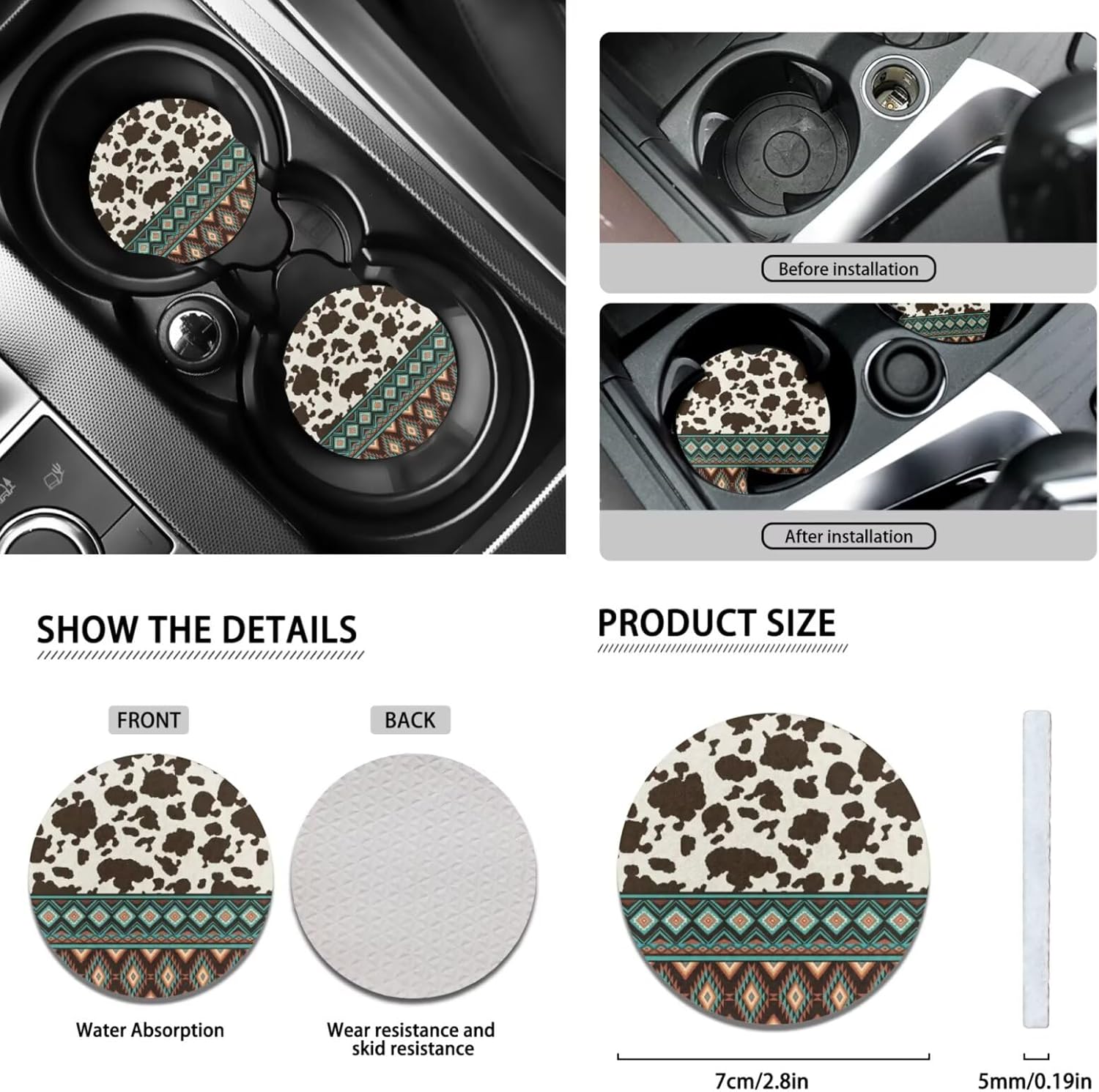 Horeset Cow Print Aztec Car Seat Cover Full Set 13 Pieces Car Steering Wheel Accessories Armrest Cover Auto Seat Belt Cover Key Ring and Coaster Lipstick Cover Universal for Auto Car SUV