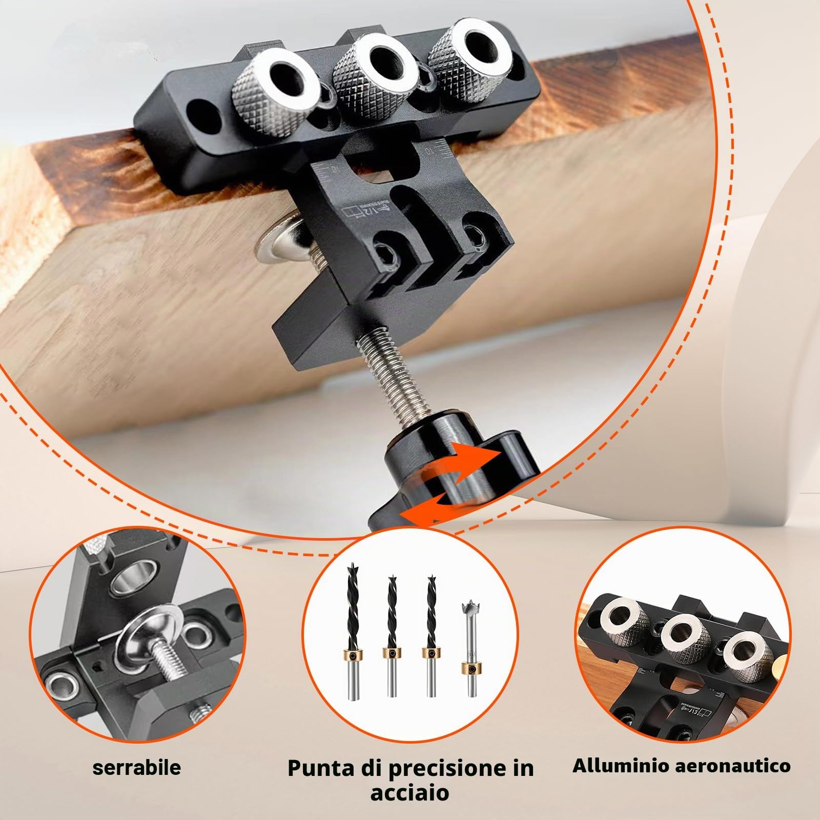 Set Legno Punte Trapano, per Legno 8/10/15mm. 3 in 1 Dima per Tasselli, Kit di guida per trapano con Clip Di Posizionamento Regolabile, Nero