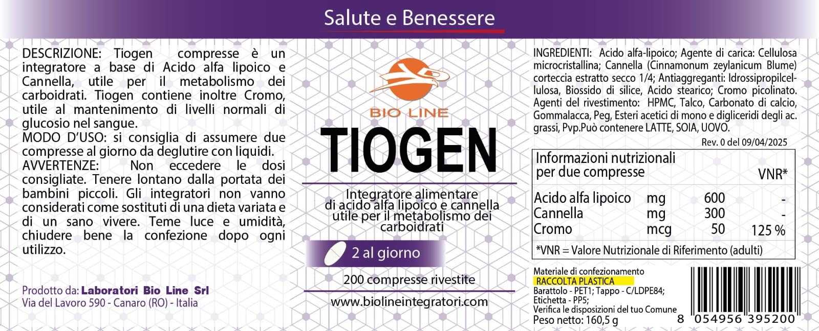 TIOGEN - Integratore Alimentare di Acido Alfa Lipoico 600 mg, Cromo Picolinato e Cannella (200 Compresse), Utile per il Metabolismo dei Carboidrati, Integratori Alimentari
