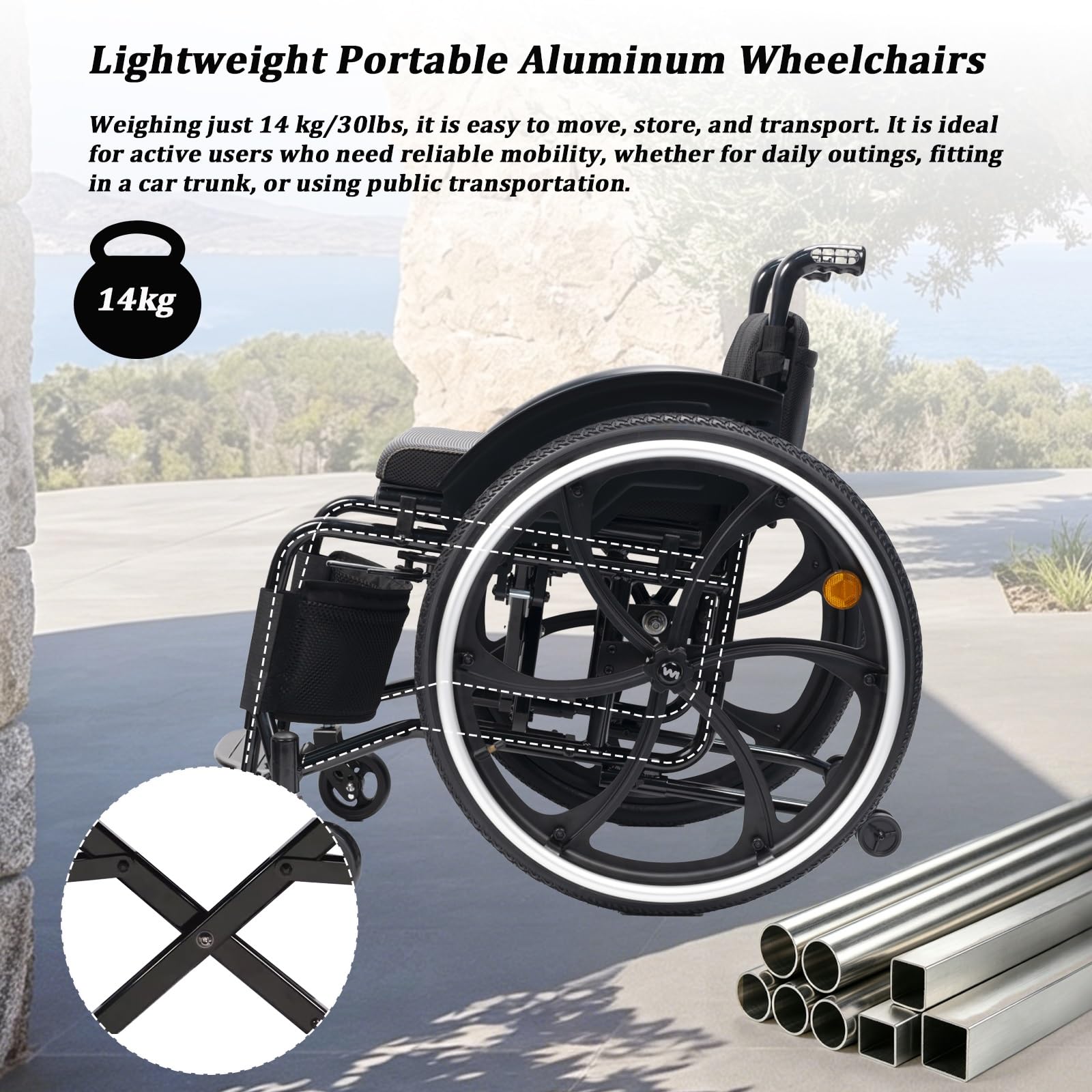 Niepełnosprawny, lekki składany wózek inwalidzki, wózek sportowy, aluminium, hamulec postojowy (Daily, 40 cm/15,7 cala Seat)