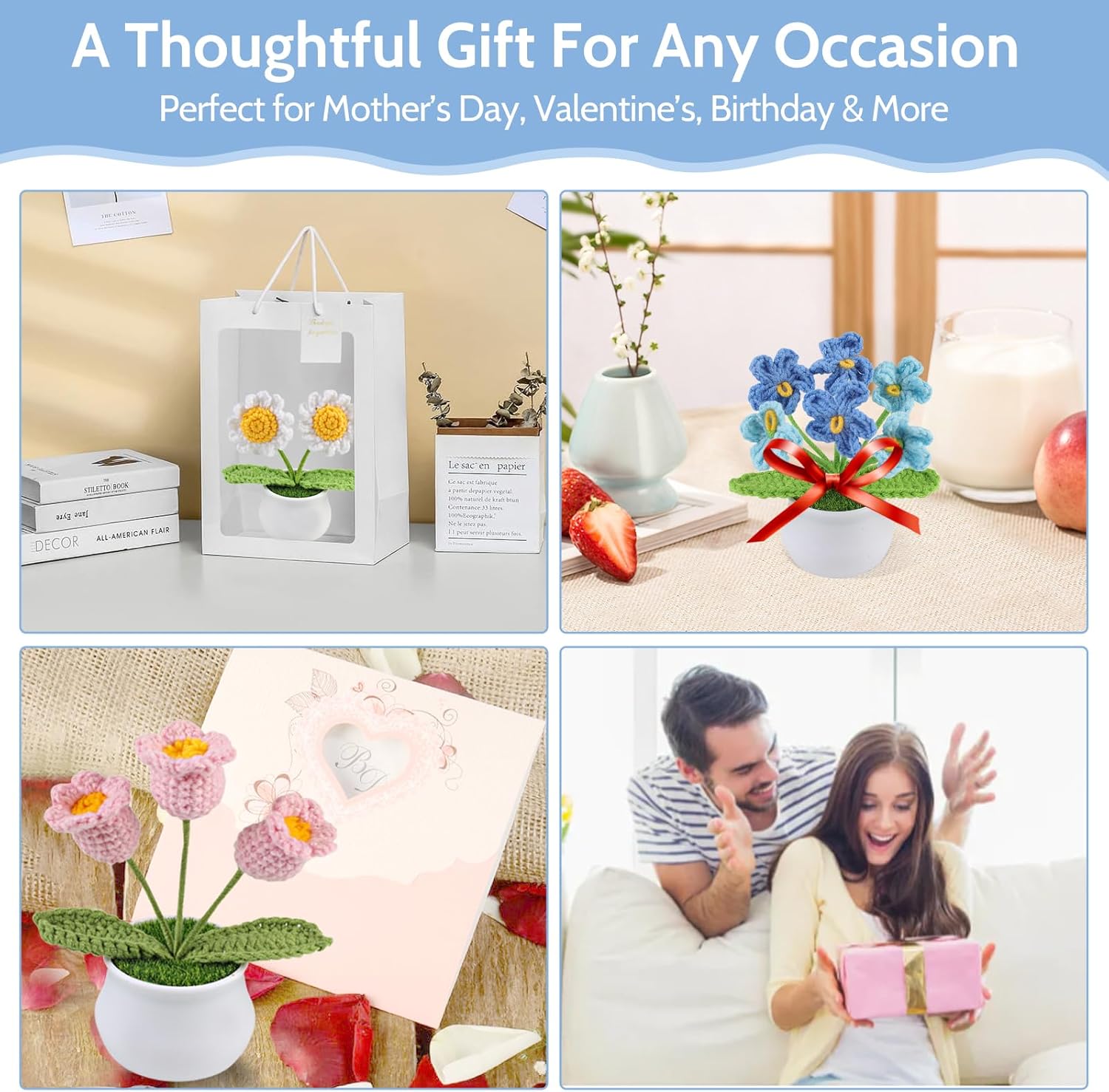 3pcs Crochet Flowers Pot, Cute Handmade Crochet Flower Desk Decor with Sunflower, Lily of The Valley, Forget Me Not, Gift for Women, Mom, Teacher, Friend, Birthday, Mother’s Day, Thank You - Image 6