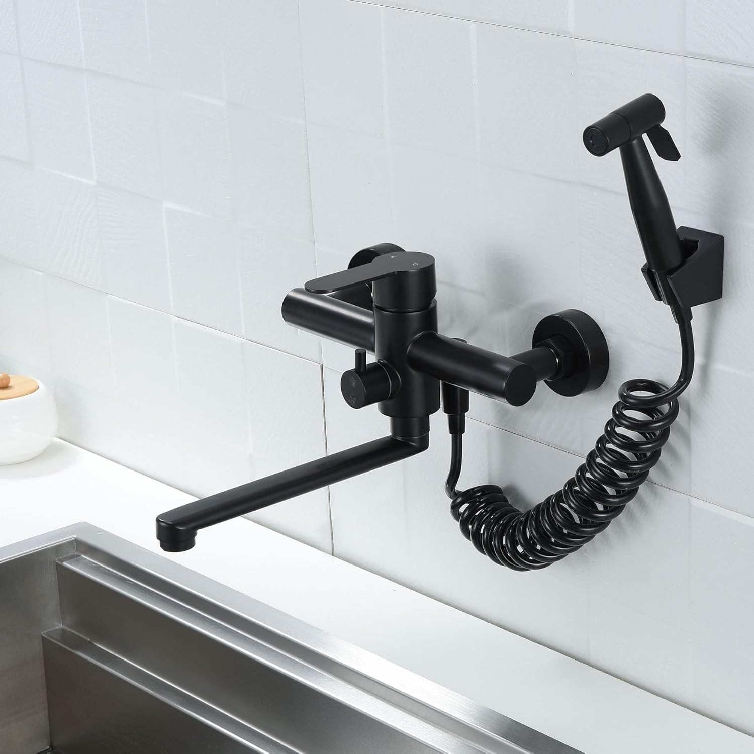 Kitchen Sink Wall Mount Faucets, Matte Black Commercial Faucet with Side Sprayer,Stainlesss Steel Mixer Tap, Unility Sink Faucet, 7.5-8.5 Inches Center, Spout Reach 9.2"