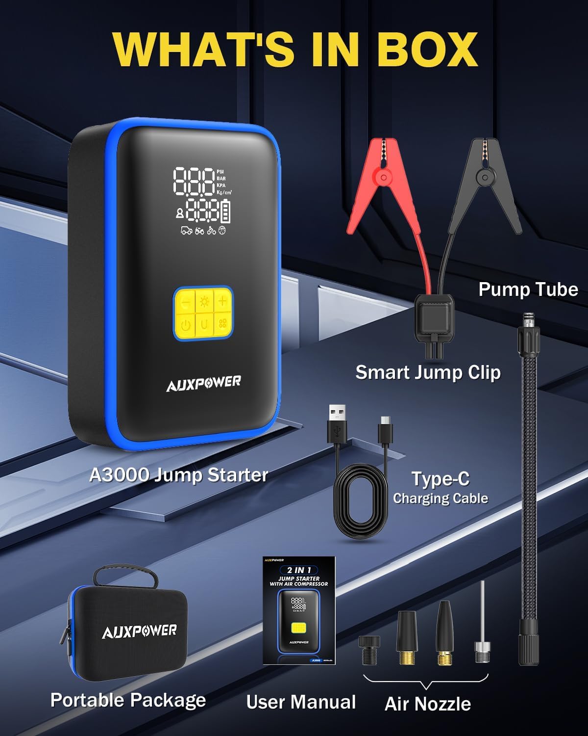 Auxpower Jump Starter with Air Compressor,3000A Portable Car Jumper 160PSI Tire Inflator, 12V Jump Box for 6.5L Gas/3.0L Diesel Engine,Battery Jump Starter with 60W Type-C Quick Charger, 3 Modes light