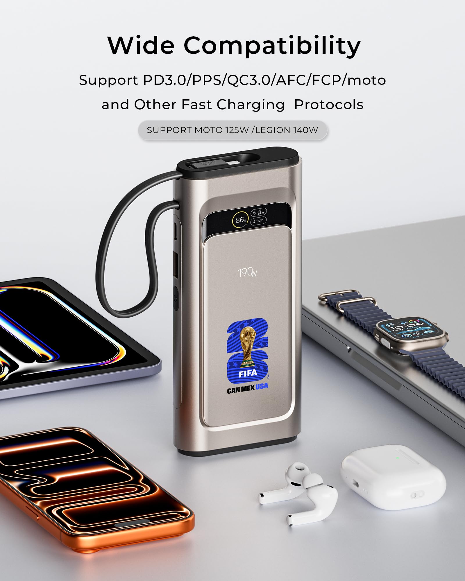 Power Bank con licenza FIFA 2026, 190 W, 20000 mAh, per laptop, caricabatterie portatile, 3 porte USB-C PD, ricarica rapida, con cavo USB-C integrato per MacBook, telefoni cellulari, iPhone, iPad
