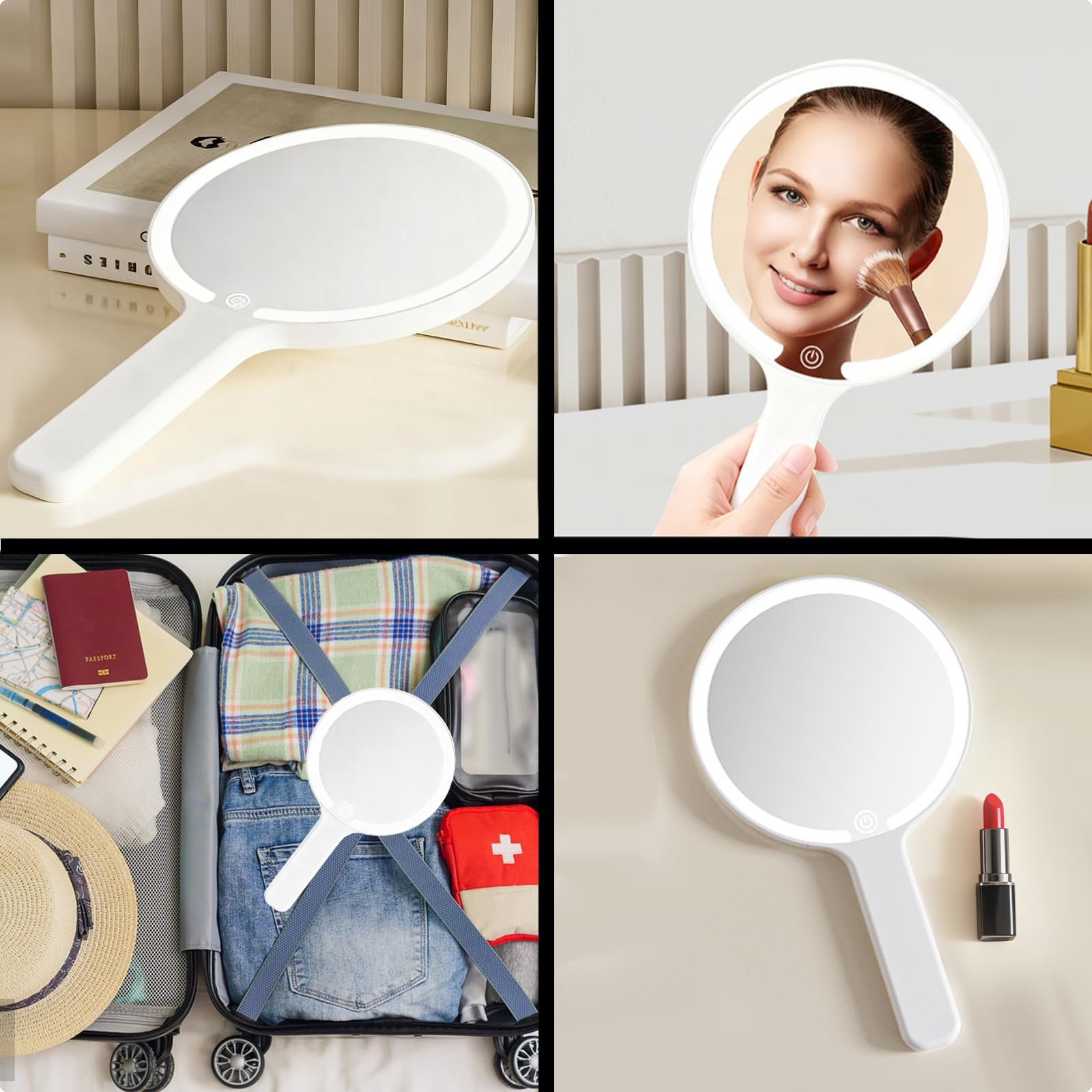 Specchio a Mano con Luce, Specchio da Trucco Ricaricabile Portatile, Interruttore Tocco, 3 Colori Chiari, Per Parrucchiere, Trucco, Casa, Viaggio (Round)