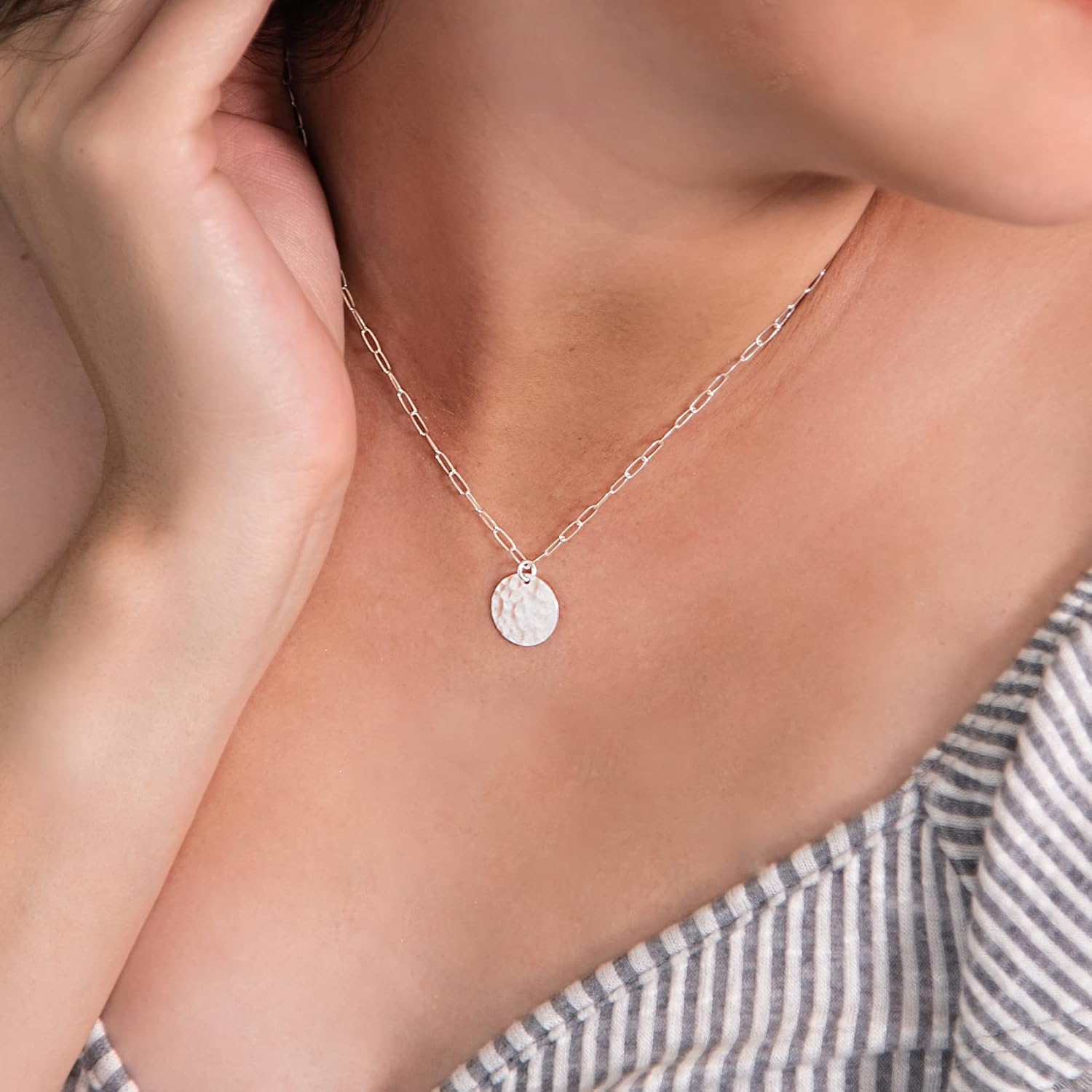 Designed By Stacey Handmade Sterling Silver Circle Necklace, Textured Pendant Jewelry, Chic Paperclip Chain, Gifts for Women, Mother's Day, Birthday, Anniversary, 16 to 18" Adjustable Length - Image 3