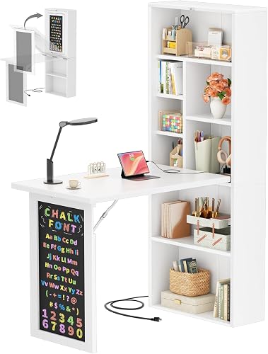 White Wall-Mounted Folding Desk with Shelves