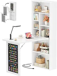 Armocity Small Folding Desk with Outlets, Blackboard, and Multi-Function Storage, White