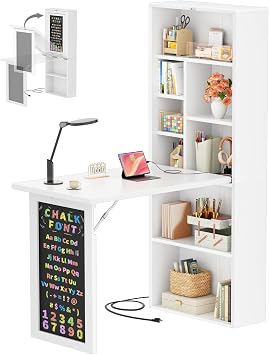 Small Folding Desk with Outlets, Convertible Writing Desk for Small Spaces/Home Office/Craft Room, Multi-Function Desk Workstation with Blackboard, Fold-Out Cabinet Table, White
