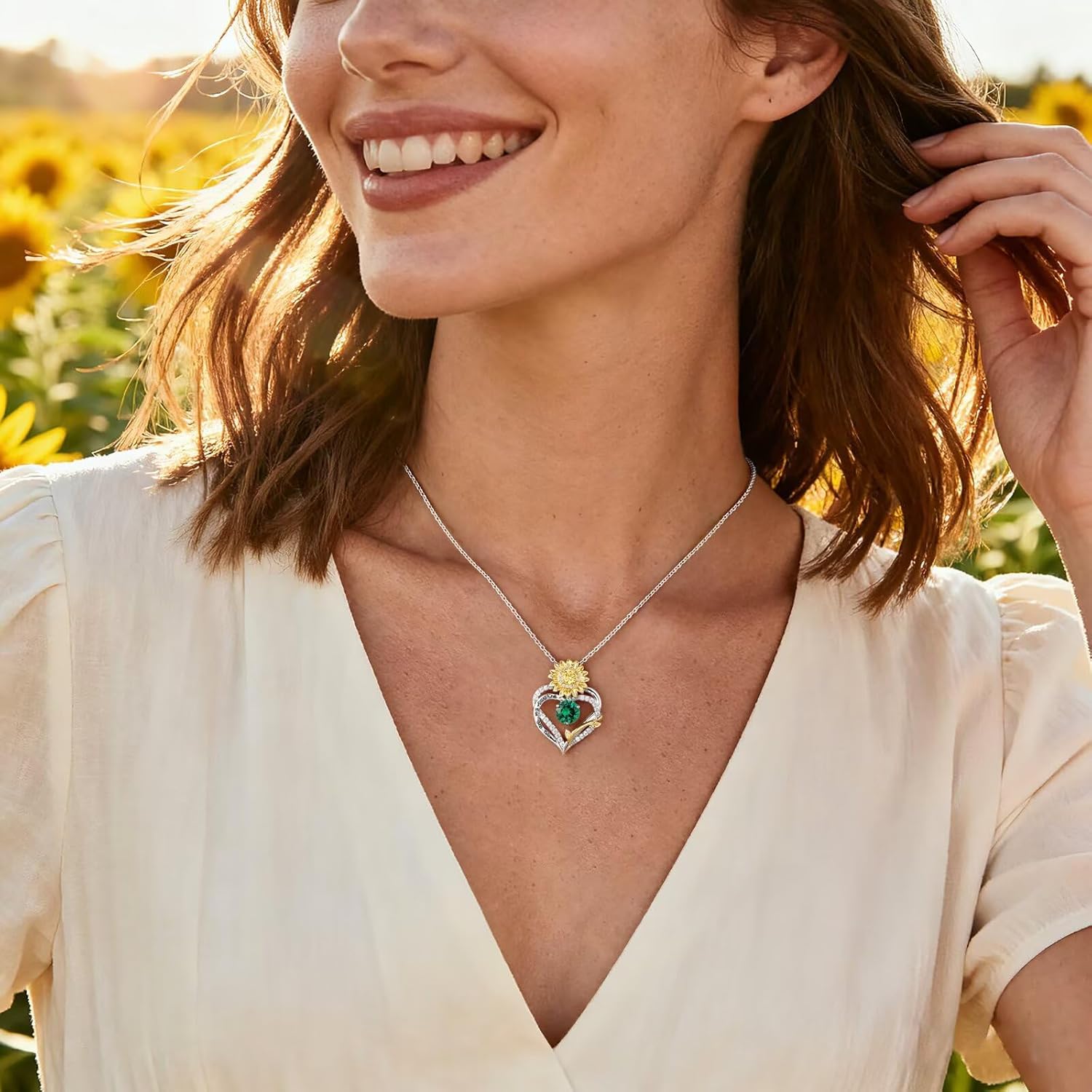 MONOOC Sunflower Gifts for Women Girls - Sunflower Necklace for Women Heart Birthstone Necklaces 14K-White-Gold-Plated Heart Pendant Necklace for Woman Wife Mom Friends Birthday Gift