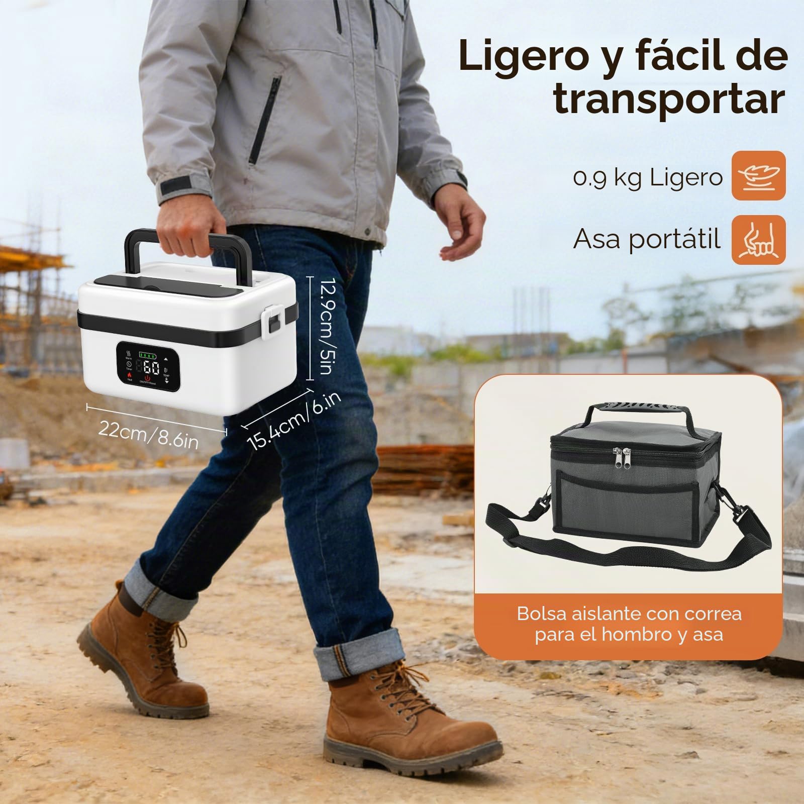 Fiambrera Electrica,Calentador de Comida Portatil 1L para Comida con Pantalla Táctil,Lonchera Termica con Vajilla de Acero Inoxidable y Bolsa Aislante para Coche(Blanco y negro)