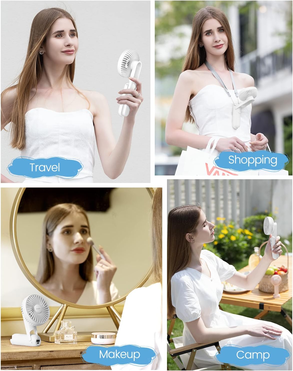 A person holding the EasyAcc F18 fan in handheld mode, demonstrating its portability.