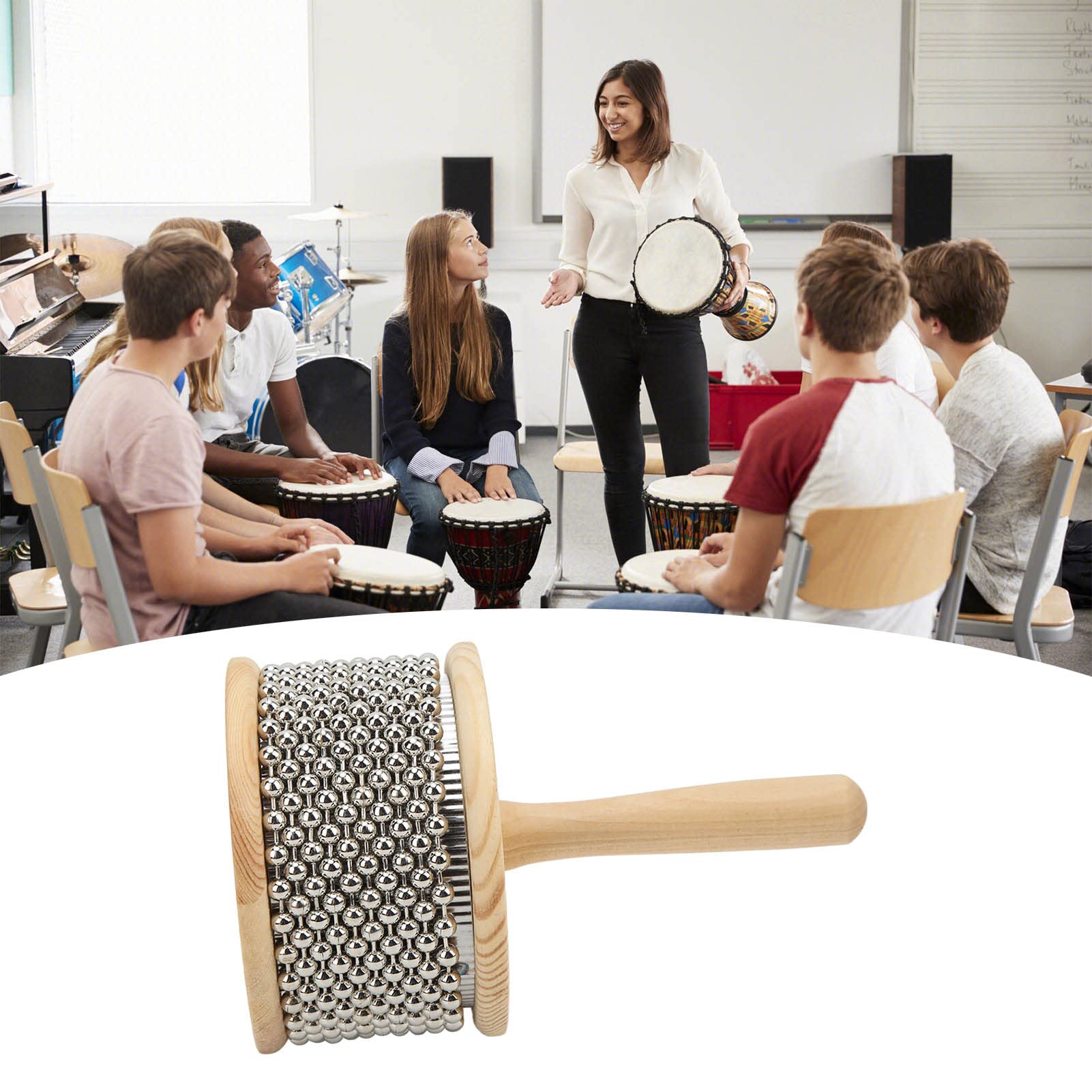 Cabasa de Madera, Instrumento Musical de Percusión de Bola de Acero en Arranque para Niños Enseñanza (Large Kabasa)