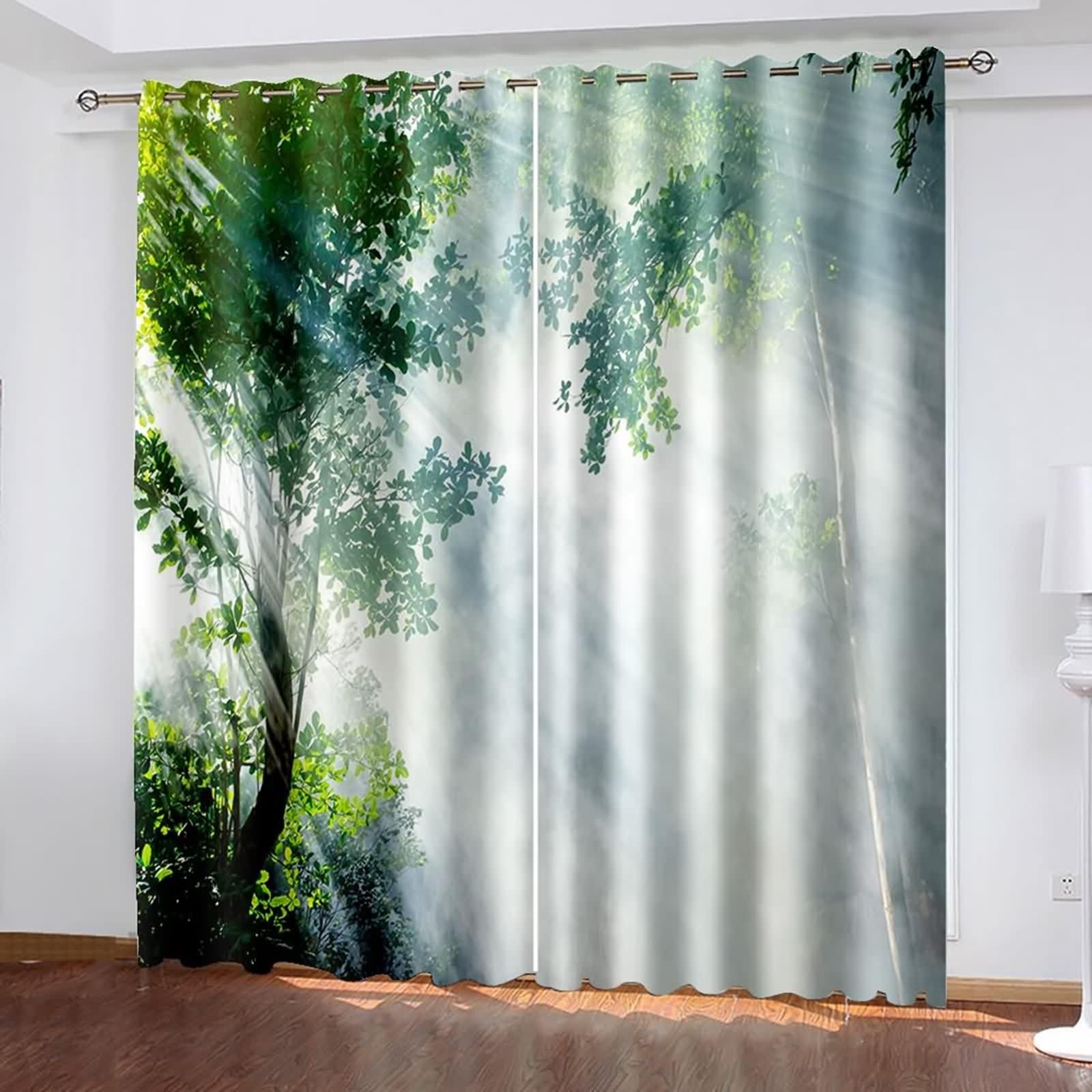 Epinki Zielono-biała zasłona nieprzejrzysta, zasłona termiczna na przelotkach, wys. 183 x szer. 214 cm, 2 sztuki, drzewo, dżungla, las, zasłona zaciemniająca, zasłona na przelotkach, do hoteli, biura