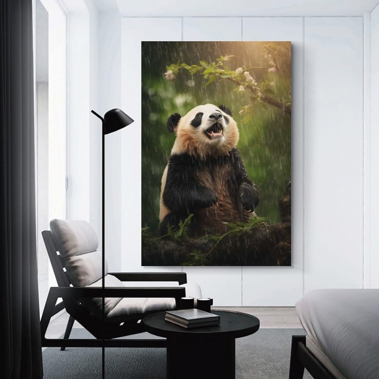Junmoney Unframe-Style-22 Panda In Rain Decorative Canvas Print, 24X36inch(60X90cm), For Living Room, Bedroom Or Home Office, Canvas Artwork With Gifting Potential