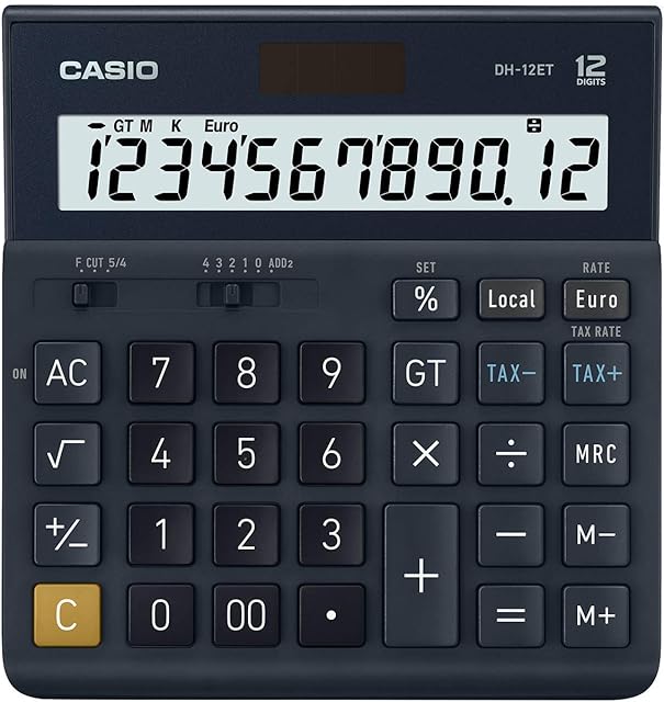 Casio Desktop Calculator, 12 Digit Tax Calculator, Total Storage, Solar/Battery Operated, DH-12ET, dark blue
