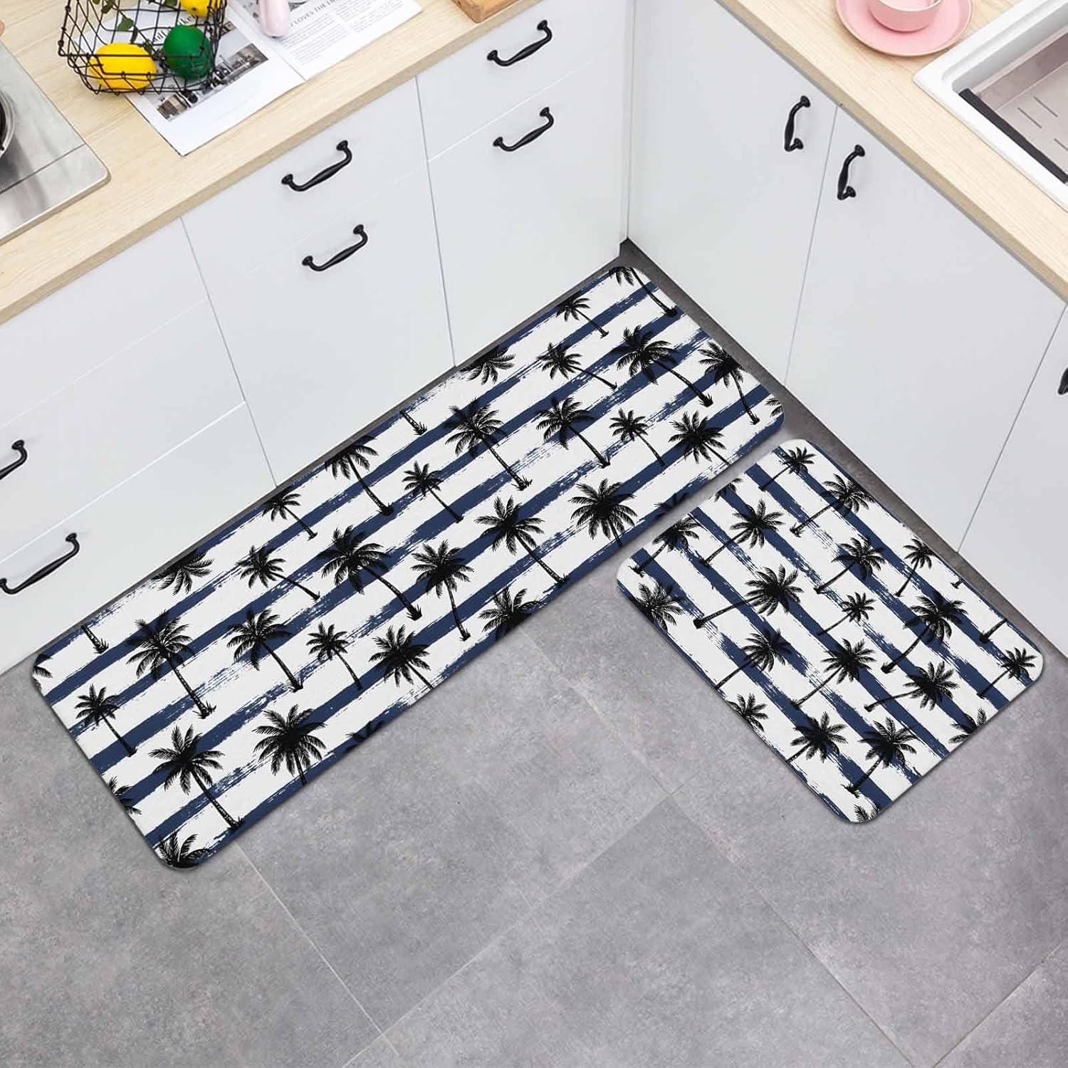 Coastal Kitchen Mat Set 2 Pieces Summer Nautical Black Palm Silhouettes Horizontal Stripes Non Slip Kitchen Rugs Washable Runner Rug Mats for Floor Sink Laundry Office 19.7" x 31.5"+19.7" x 47.2"