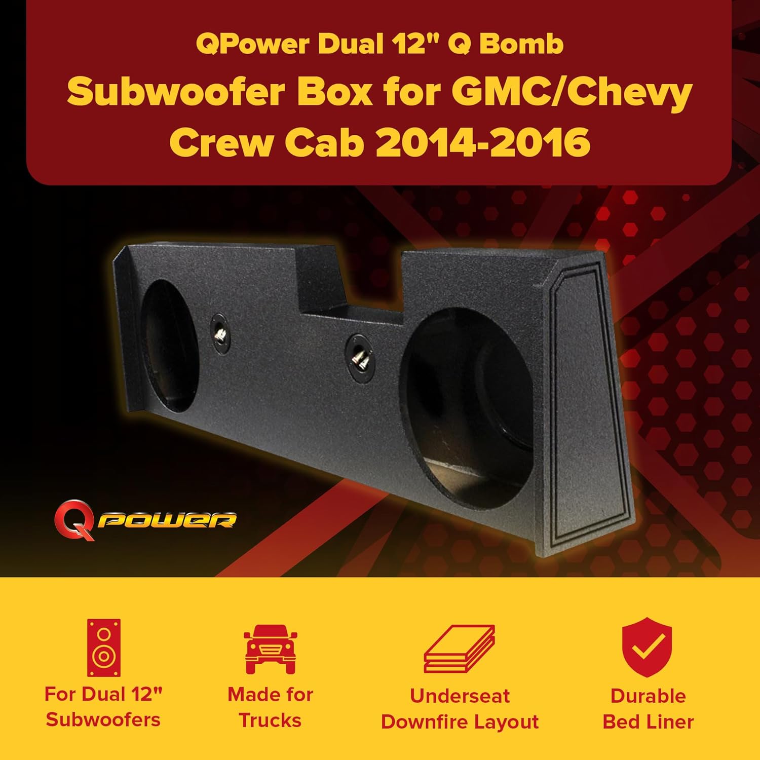 QPower Dual 12in Underseat Downfire Subwoofer Enclosure, QBomb Sub Box Compatible with Chevy Silverado Crew Cab and GMC Sierra Crew Cab 2014-2018 - Image 8